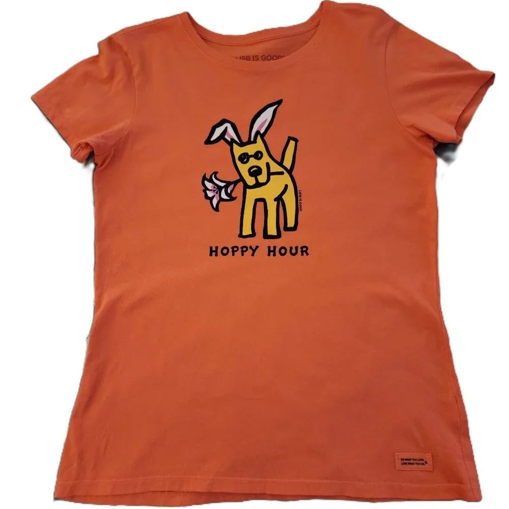 Life Is Good Shirt Women Medium Orange Hoppy Hour with Dog Holding a Lily Short - Picture 1 of 9